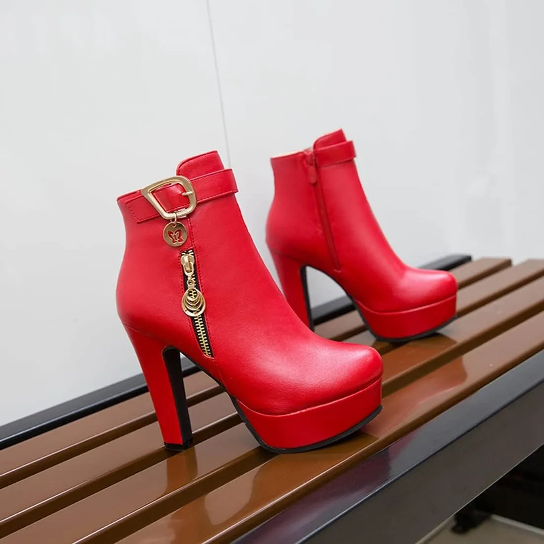 VOKLIN Women's Fashion Buckle Platform Block High Heel Ankle Boots Round Toe Side Zipper Dress Short Booties