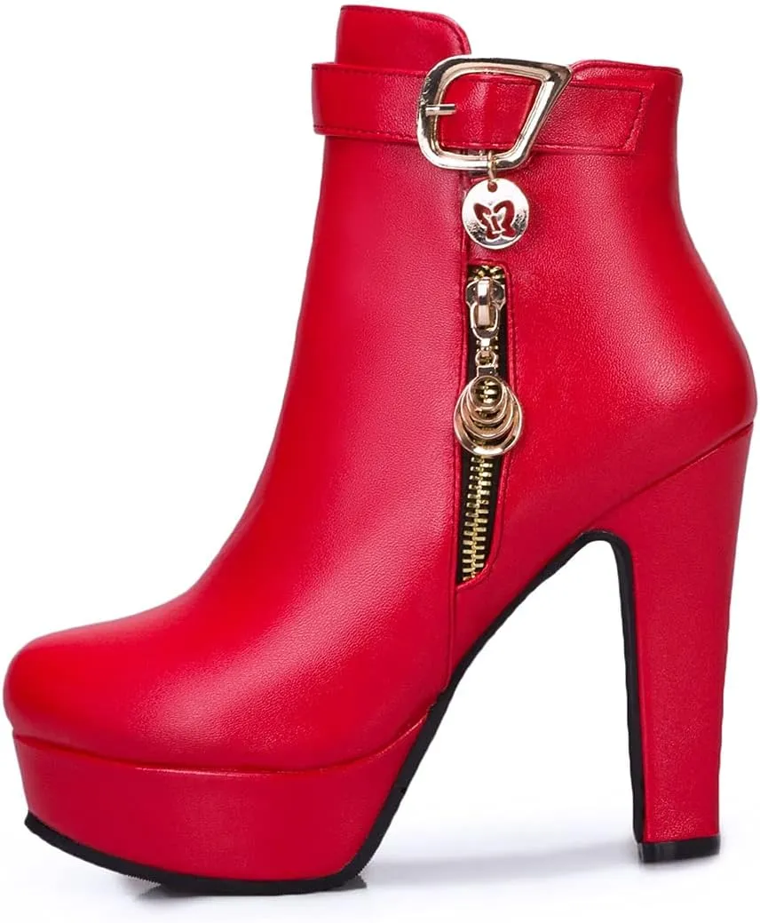 VOKLIN Women's Fashion Buckle Platform Block High Heel Ankle Boots Round Toe Side Zipper Dress Short Booties
