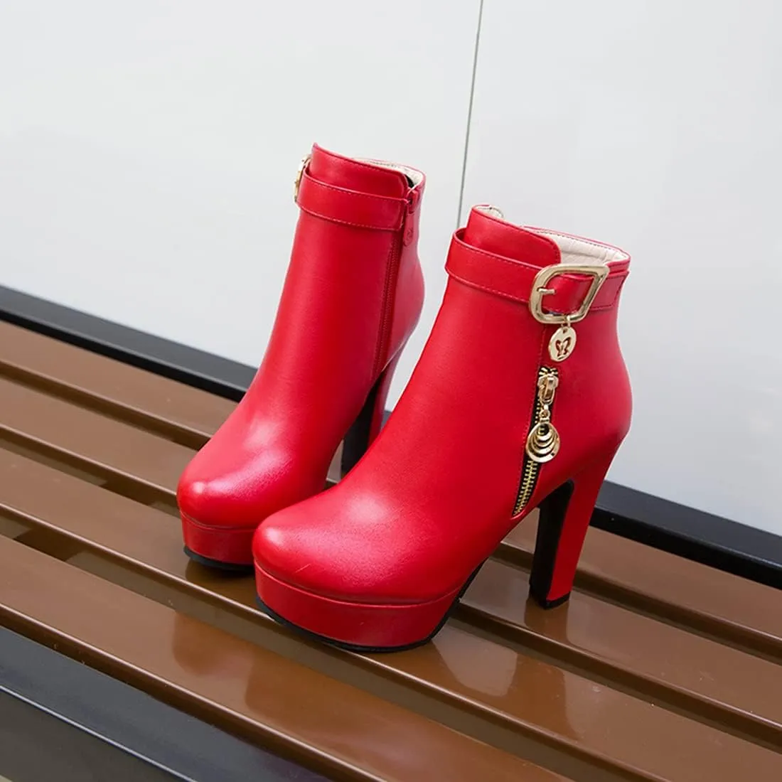 VOKLIN Women's Fashion Buckle Platform Block High Heel Ankle Boots Round Toe Side Zipper Dress Short Booties