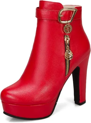 VOKLIN Women's Fashion Buckle Platform Block High Heel Ankle Boots Round Toe Side Zipper Dress Short Booties