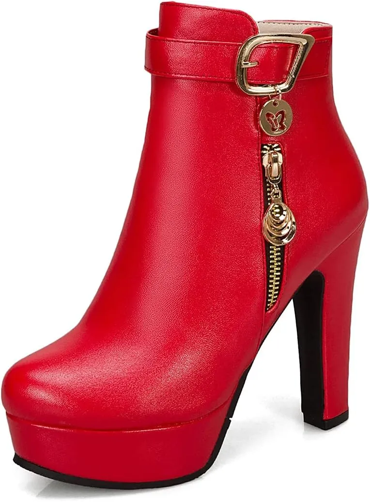 VOKLIN Women's Fashion Buckle Platform Block High Heel Ankle Boots Round Toe Side Zipper Dress Short Booties
