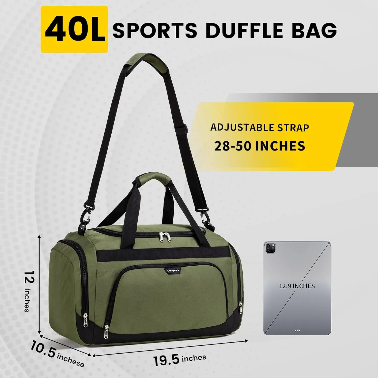 Vorspack Small Gym Bag - 40L Duffle Bag for Men Women Lightweight Duffel Bag with Shoe Compartment Wet Pocket Travel Bag Sports Bag for Sports Gym Travel - Green