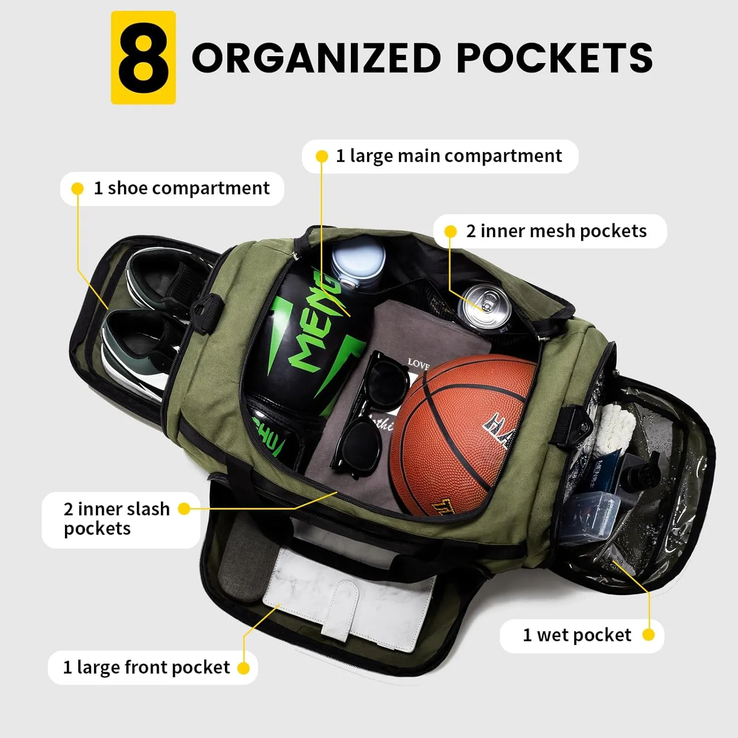 Vorspack Small Gym Bag - 40L Duffle Bag for Men Women Lightweight Duffel Bag with Shoe Compartment Wet Pocket Travel Bag Sports Bag for Sports Gym Travel - Green
