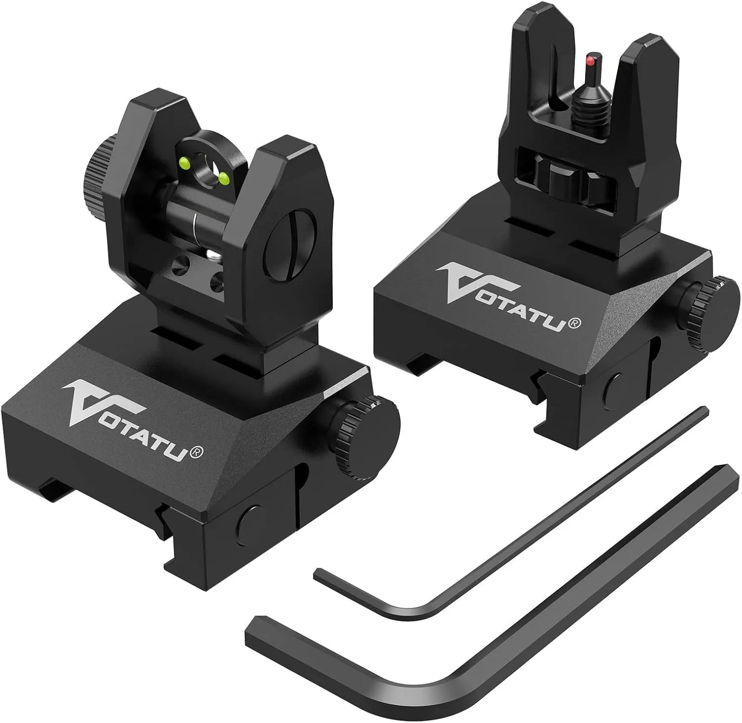 VOTATU V2 Fiber Optic Iron Sights, Flip Up Front and Rear Backup Sights with Green Red Fiber Optics Dots, Tool-Free Adjustable Front Sight Rapid Transition
