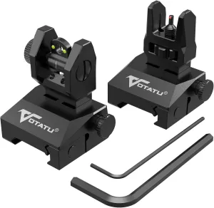VOTATU V2 Fiber Optic Iron Sights, Flip Up Front and Rear Backup Sights with Green Red Fiber Optics Dots, Tool-Free Adjustable Front Sight Rapid Transition