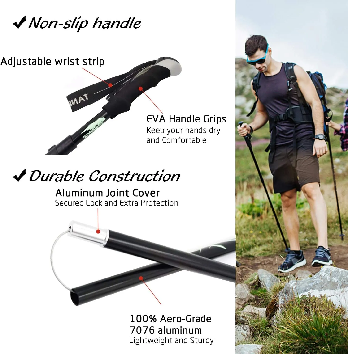 Walking Stick Trekking Poles Collapsible Hiking Poles - Auminum Alloy 7075 Trekking Sticks,Antishock and Quick Lock System, Telescopic, Collapsible, Ultralight