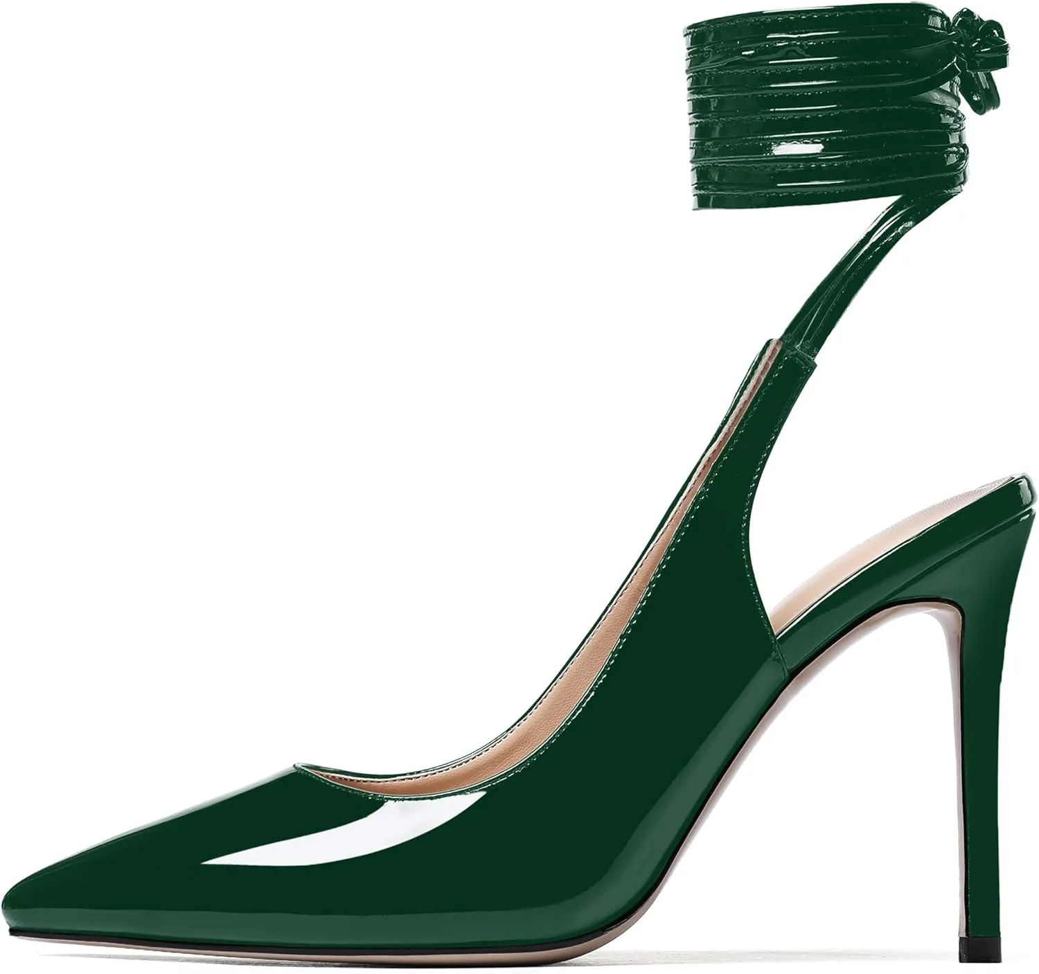WAYDERNS Women's Slender Wrap-Around Ankle Straps Pointed Toe Slingback Patent Stiletto High Heel Pumps Shoes 4 Inch