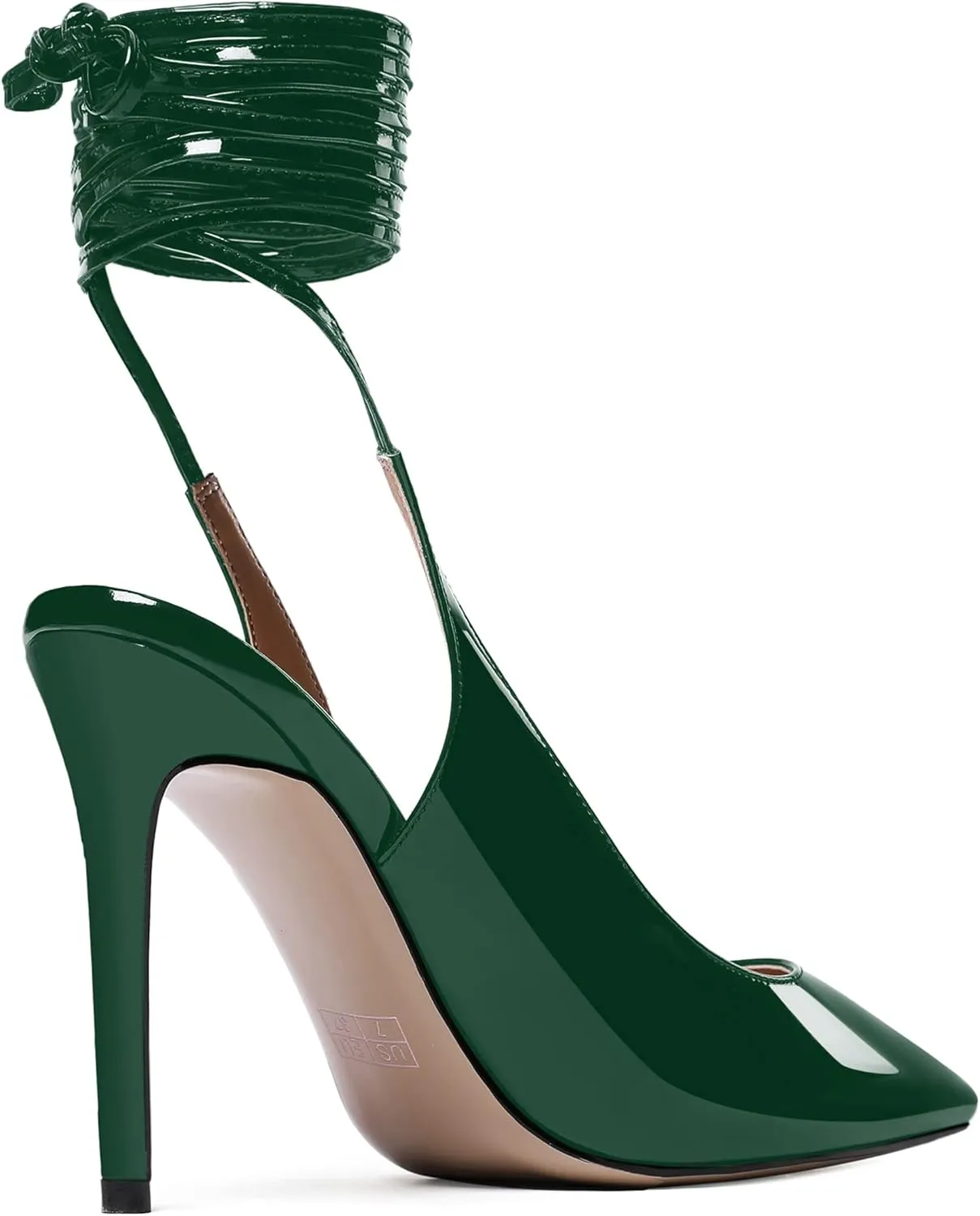 WAYDERNS Women's Slender Wrap-Around Ankle Straps Pointed Toe Slingback Patent Stiletto High Heel Pumps Shoes 4 Inch