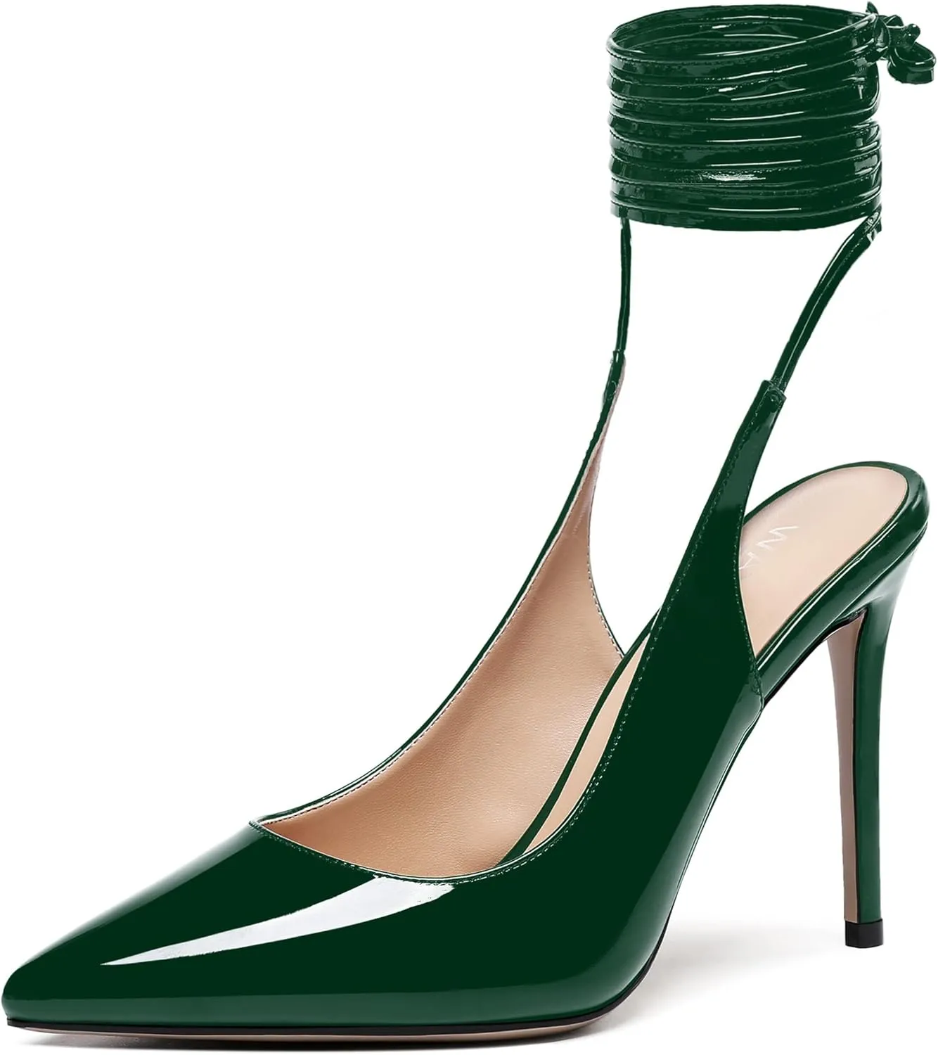 WAYDERNS Women's Slender Wrap-Around Ankle Straps Pointed Toe Slingback Patent Stiletto High Heel Pumps Shoes 4 Inch