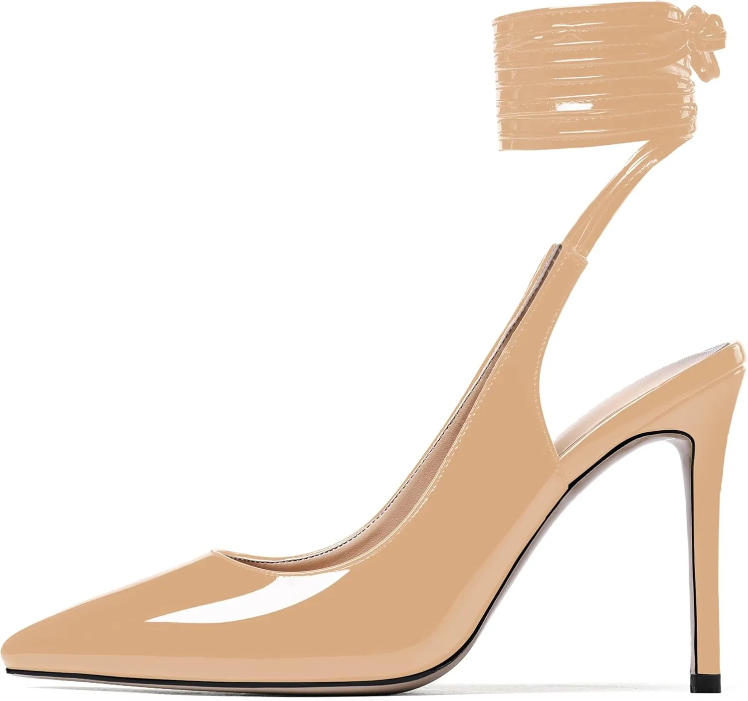 WAYDERNS Women's Slender Wrap-Around Ankle Straps Pointed Toe Slingback Patent Stiletto High Heel Pumps Shoes 4 Inch