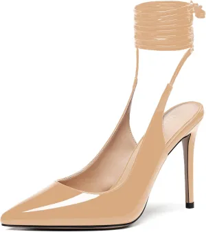 WAYDERNS Women's Slender Wrap-Around Ankle Straps Pointed Toe Slingback Patent Stiletto High Heel Pumps Shoes 4 Inch