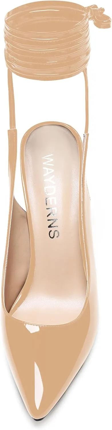 WAYDERNS Women's Slender Wrap-Around Ankle Straps Pointed Toe Slingback Patent Stiletto High Heel Pumps Shoes 4 Inch