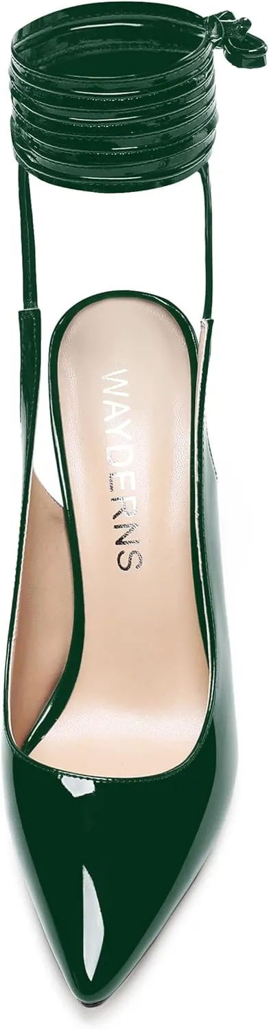 WAYDERNS Women's Slender Wrap-Around Ankle Straps Pointed Toe Slingback Patent Stiletto High Heel Pumps Shoes 4 Inch