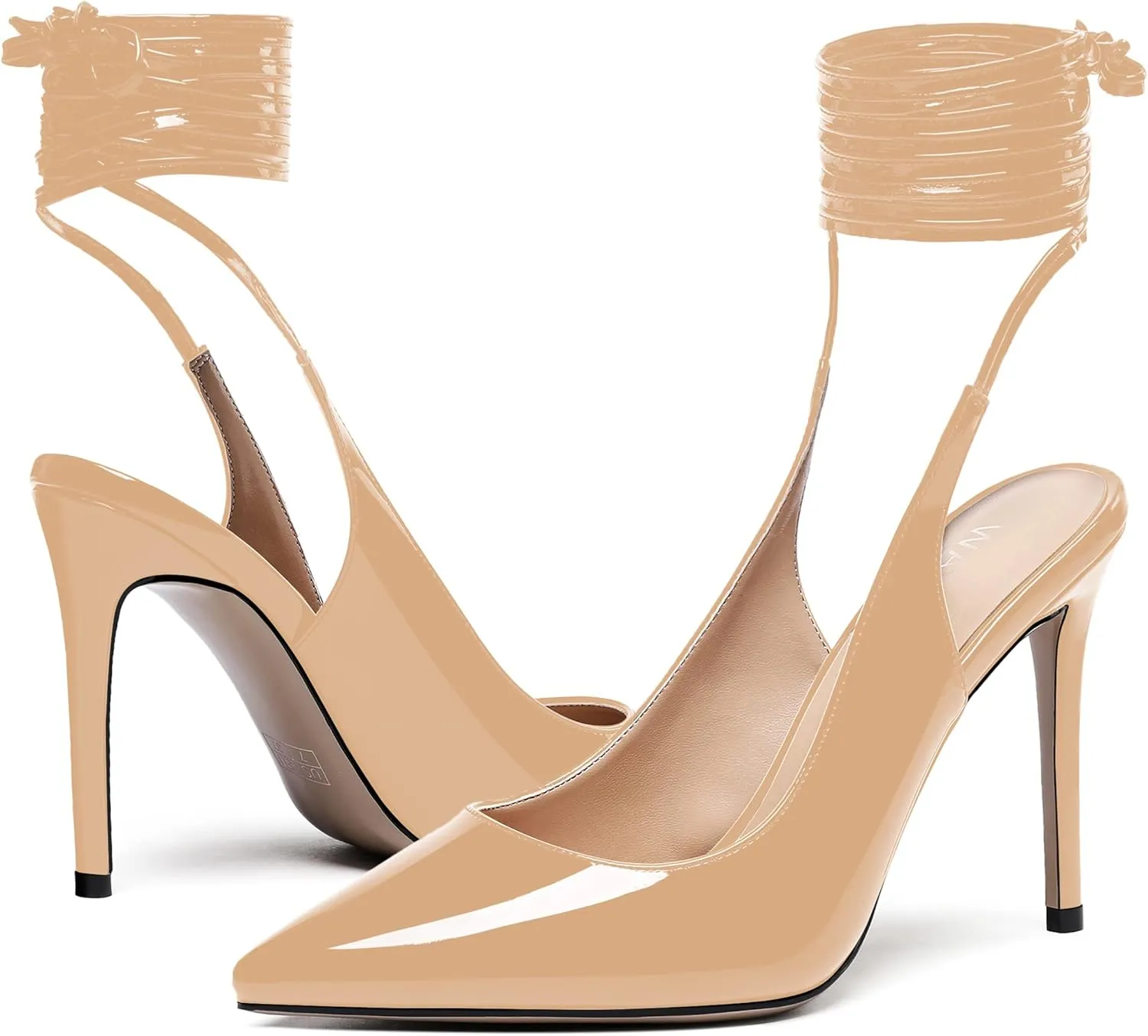 WAYDERNS Women's Slender Wrap-Around Ankle Straps Pointed Toe Slingback Patent Stiletto High Heel Pumps Shoes 4 Inch