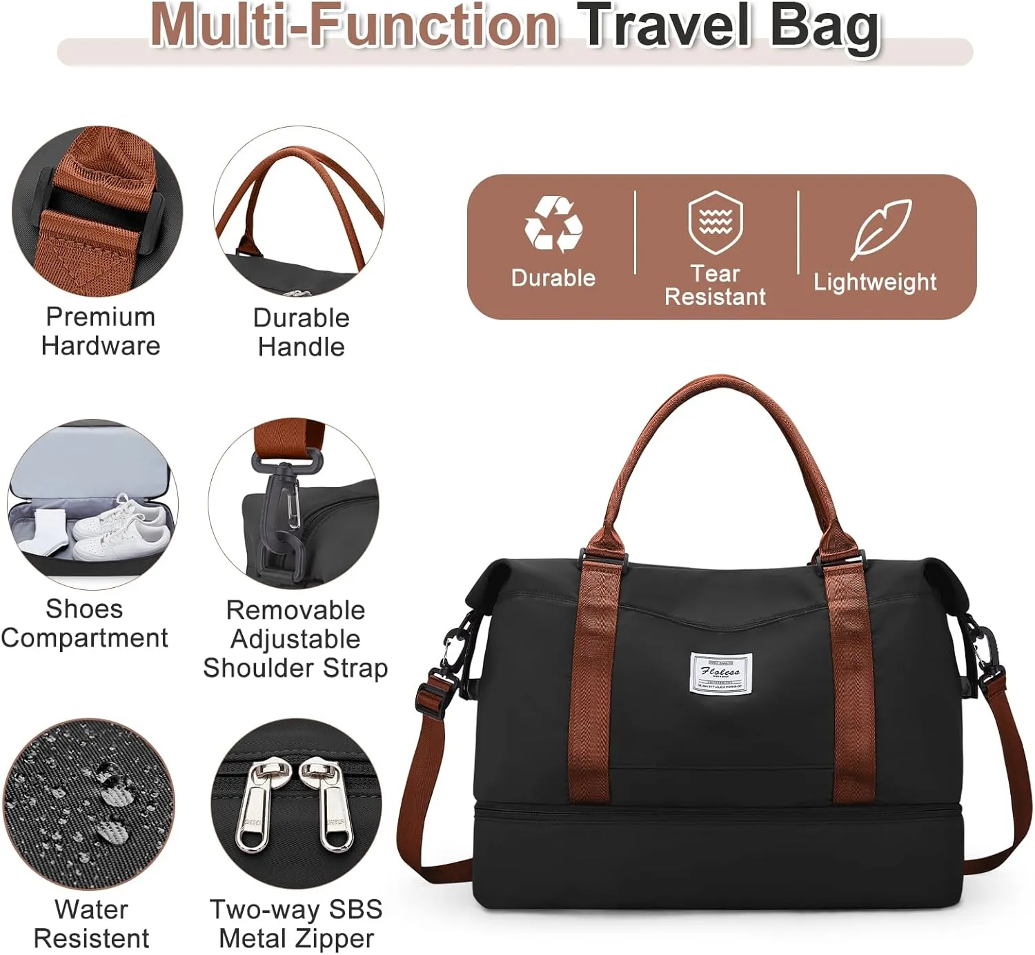 Weekender Bags for Women, Travel Duffel Bags with Shoe Compartment & Wet Pocket,Travel Bag for Airlines,Carry on Overnight Tote Bag for women with Toiletry Bag,3Pcs Set，Black & Brown