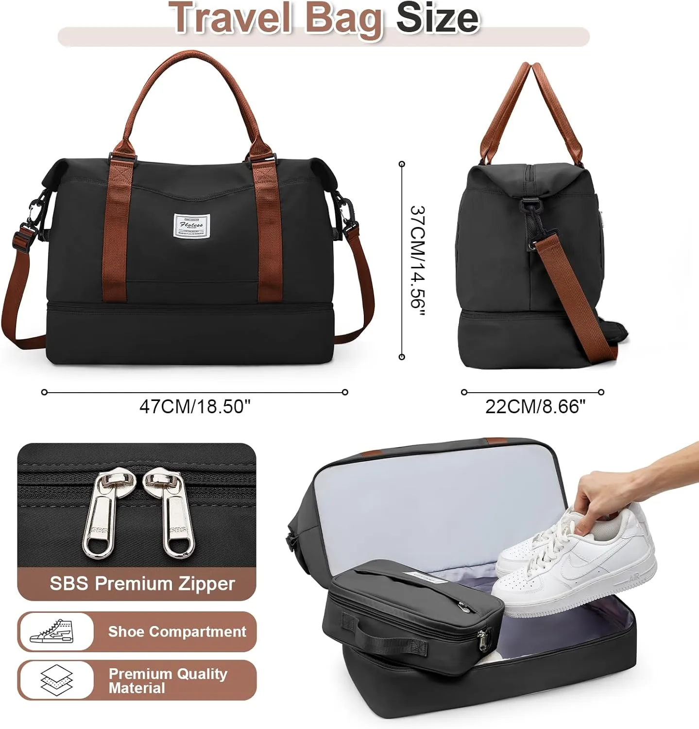 Weekender Bags for Women, Travel Duffel Bags with Shoe Compartment & Wet Pocket,Travel Bag for Airlines,Carry on Overnight Tote Bag for women with Toiletry Bag,3Pcs Set，Black & Brown