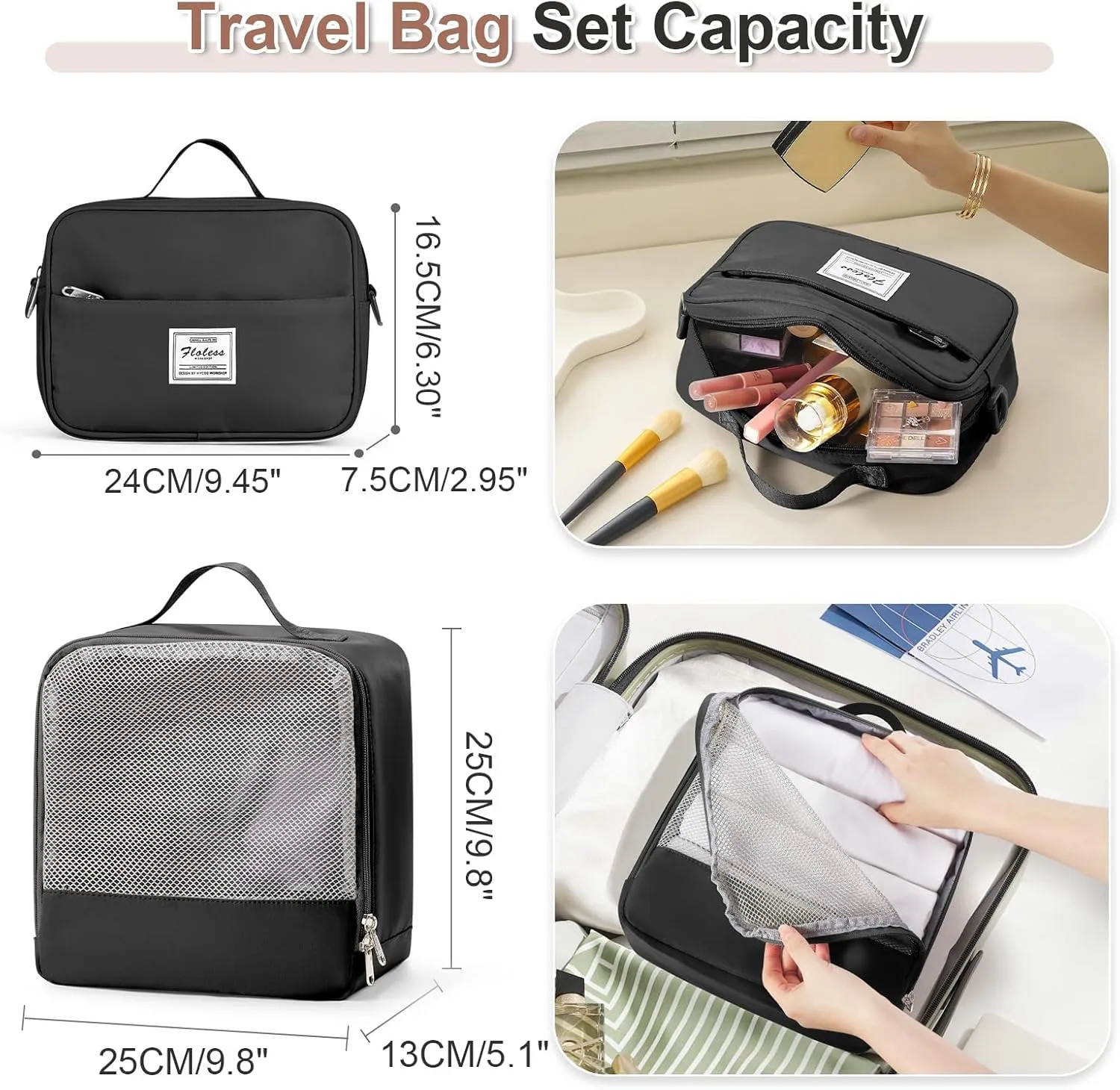 Weekender Bags for Women, Travel Duffel Bags with Shoe Compartment & Wet Pocket,Travel Bag for Airlines,Carry on Overnight Tote Bag for women with Toiletry Bag,3Pcs Set，Black & Brown