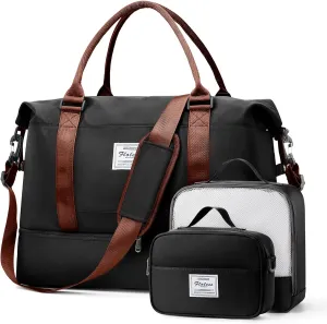 Weekender Bags for Women, Travel Duffel Bags with Shoe Compartment & Wet Pocket,Travel Bag for Airlines,Carry on Overnight Tote Bag for women with Toiletry Bag,3Pcs Set，Black & Brown