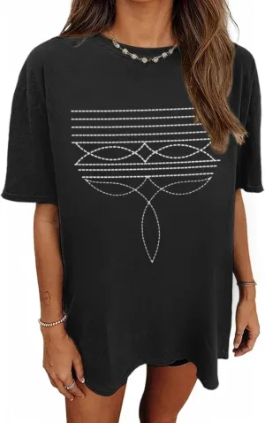 Western Shirts for Women Cowgirl Boot Stitch Shirt Rodeo Oversized Graphic Tees Vintage Tshirts Country Boho Clothing