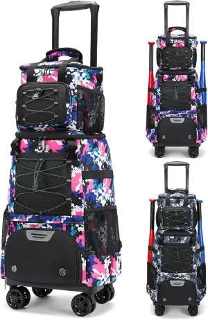 Wheeled Baseball Bag With Shoe Compartment - Lightweight Rolling Softball Bat Bag for Tball Gear & Equipment