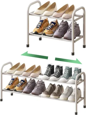 White Shoe Rack, 2-Tier Shoe Rack for Closet, Expandable Metal Shoe Organizer for Closet, Adjustable Shoe Shelf Storage Organizer, Standing Shoe Shelf for Entryway Doorway