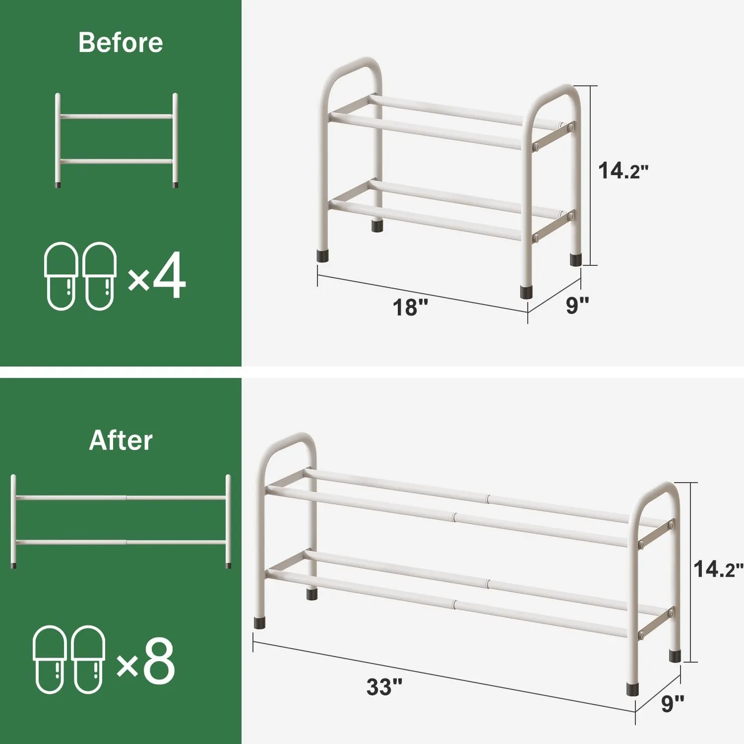 White Shoe Rack, 2-Tier Shoe Rack for Closet, Expandable Metal Shoe Organizer for Closet, Adjustable Shoe Shelf Storage Organizer, Standing Shoe Shelf for Entryway Doorway