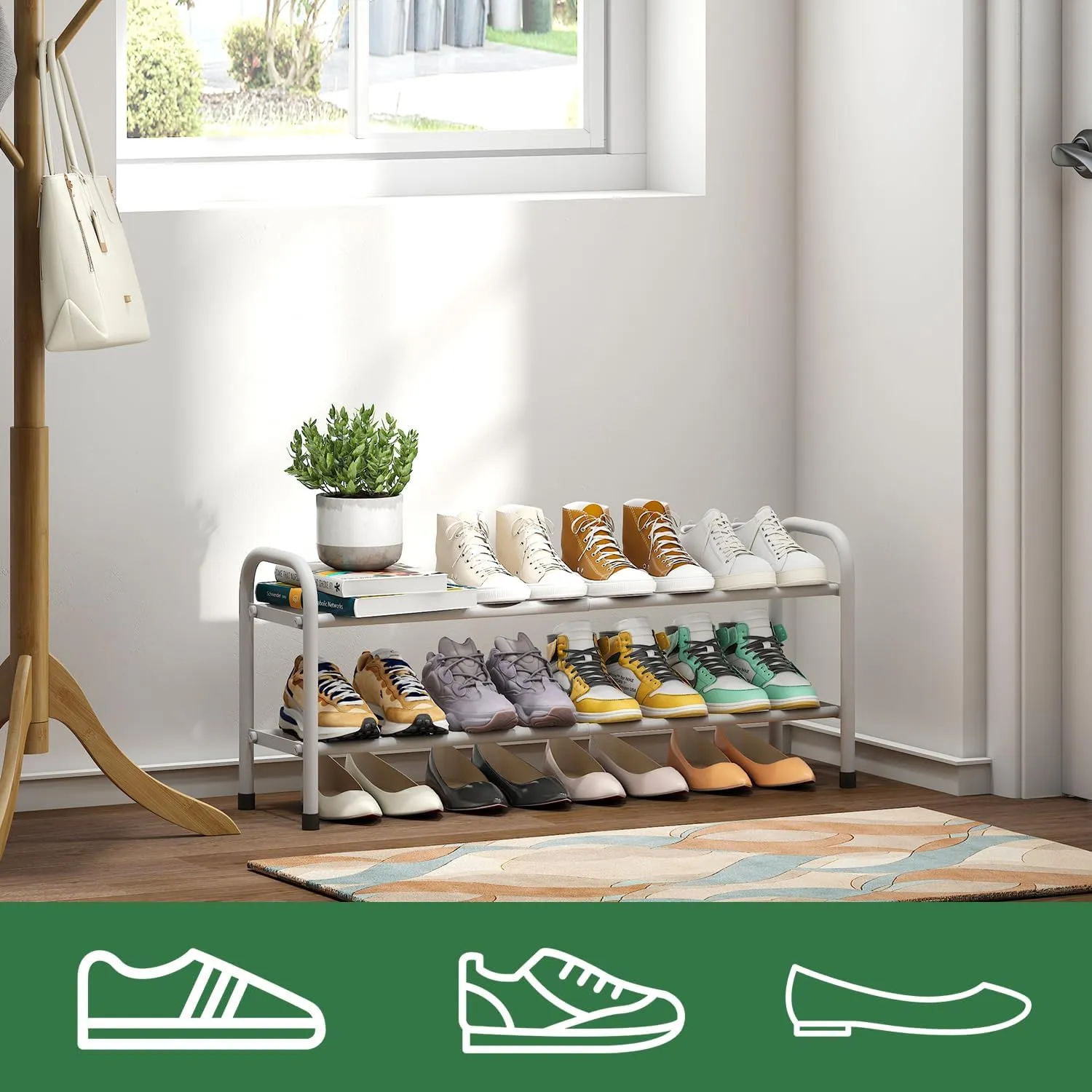 White Shoe Rack, 2-Tier Shoe Rack for Closet, Expandable Metal Shoe Organizer for Closet, Adjustable Shoe Shelf Storage Organizer, Standing Shoe Shelf for Entryway Doorway