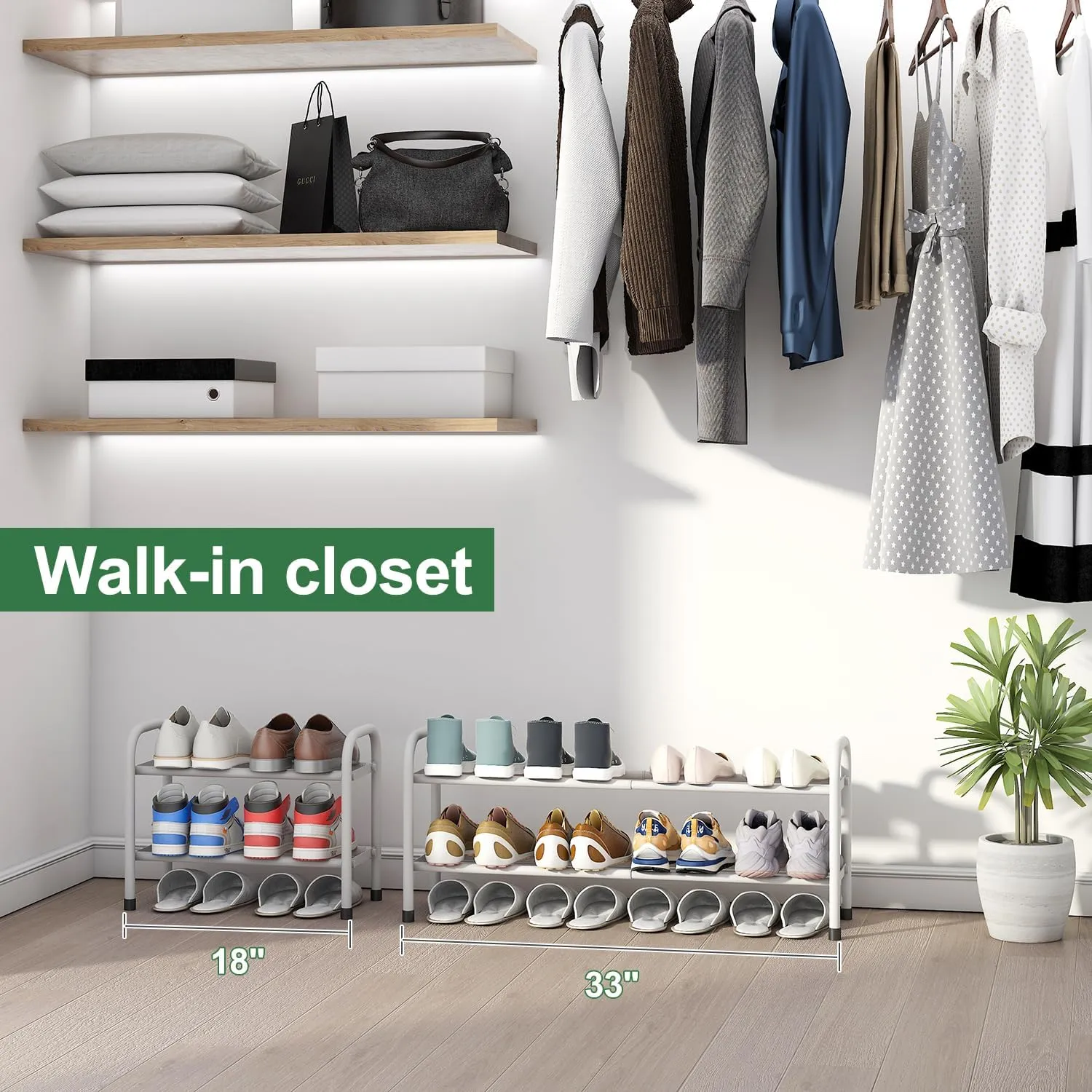 White Shoe Rack, 2-Tier Shoe Rack for Closet, Expandable Metal Shoe Organizer for Closet, Adjustable Shoe Shelf Storage Organizer, Standing Shoe Shelf for Entryway Doorway