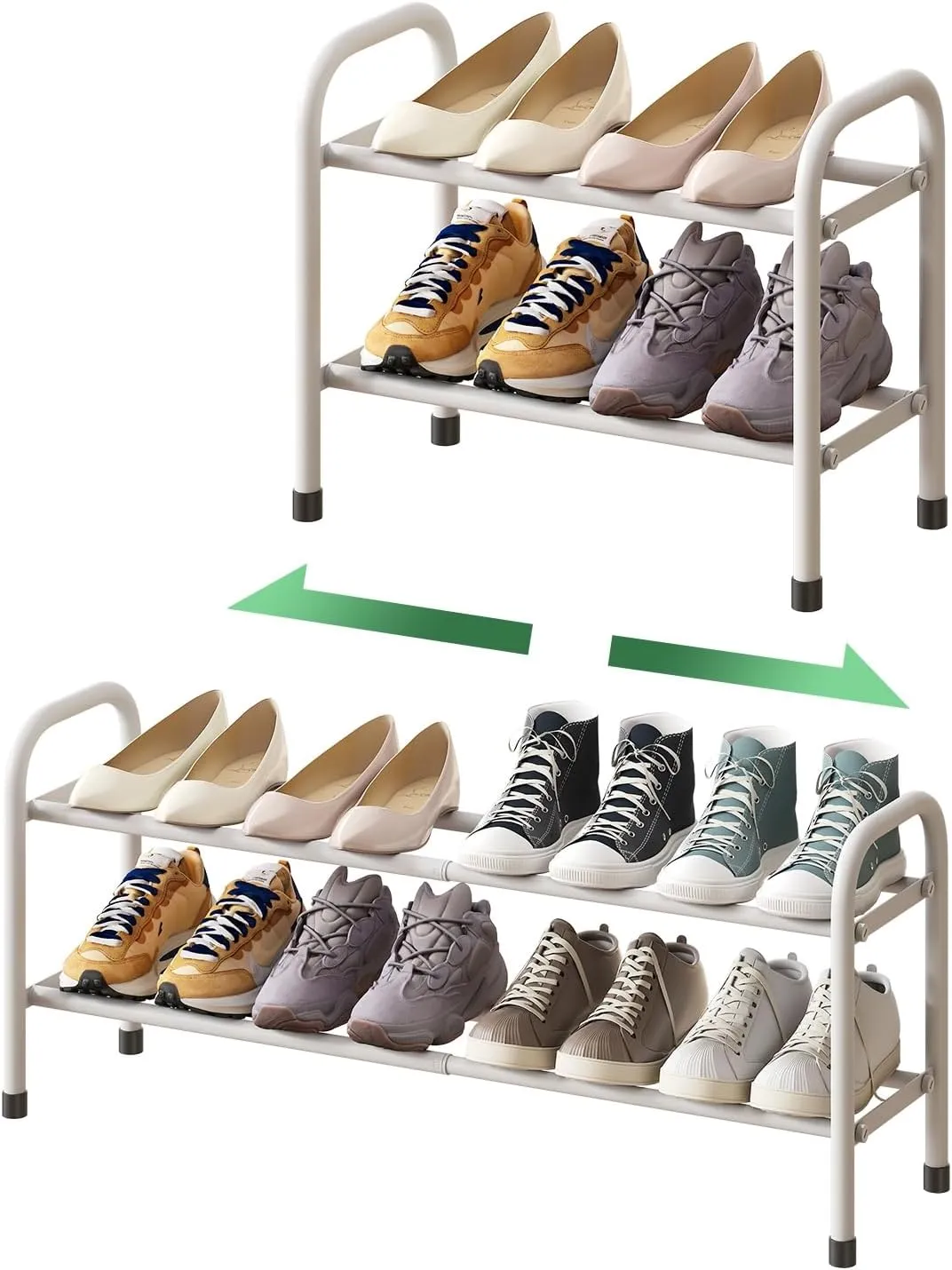 White Shoe Rack, 2-Tier Shoe Rack for Closet, Expandable Metal Shoe Organizer for Closet, Adjustable Shoe Shelf Storage Organizer, Standing Shoe Shelf for Entryway Doorway