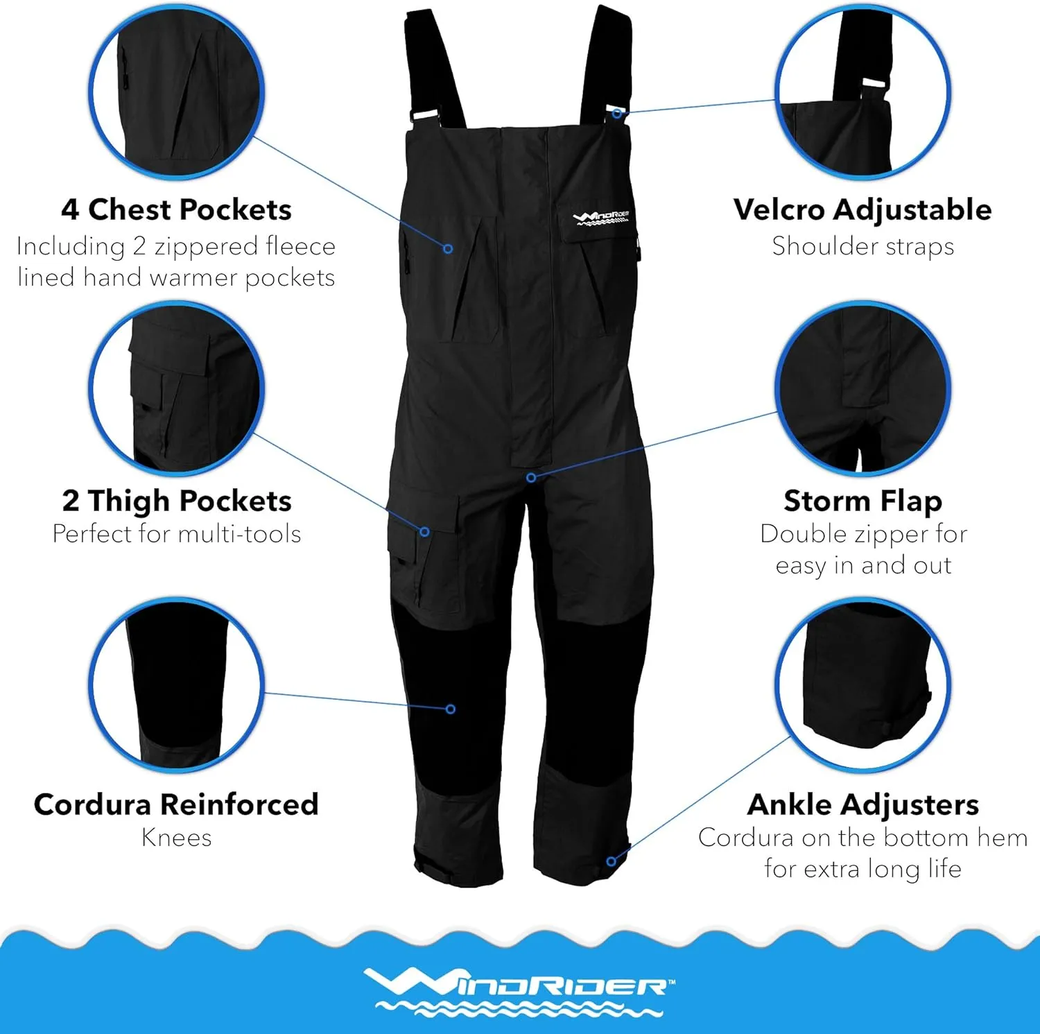 WindRider Pro Waterproof Bibs | Fishing & Sailing Bibs | Hunting & Skiing Bibs | Breathable Rain Bib | Snow Gear | 6 Pocket