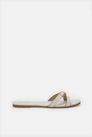 Women Beige Strappy Buckle Mule