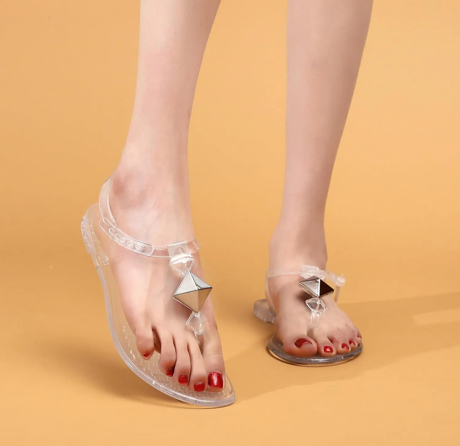 Women Sandals Studded Flip Flops Thong Jelly Shoes Adjustable T-Strap Jellies Flats Clear Dress Slipper Summer Beach Pool Slides Slip On Quick Dry Soft