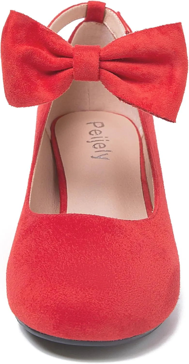 Women's Ankle Strap Heels Removable Bow Closed Toe Low Chunky Heels Pumps Mary Jane Dress Shoes