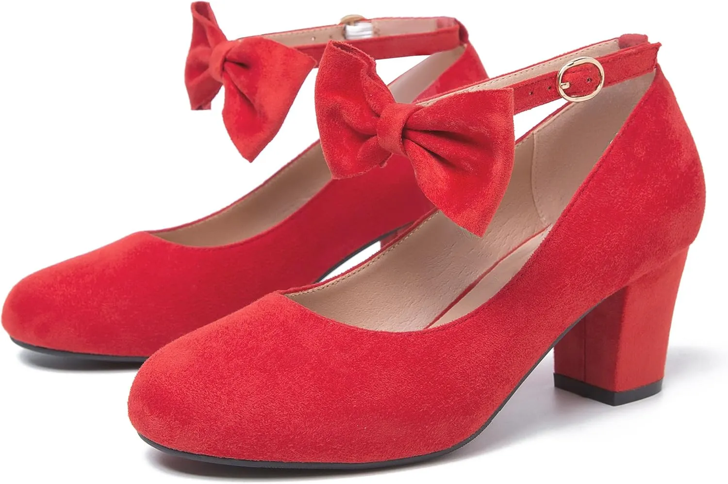 Women's Ankle Strap Heels Removable Bow Closed Toe Low Chunky Heels Pumps Mary Jane Dress Shoes