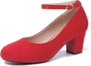 Women's Ankle Strap Heels Removable Bow Closed Toe Low Chunky Heels Pumps Mary Jane Dress Shoes