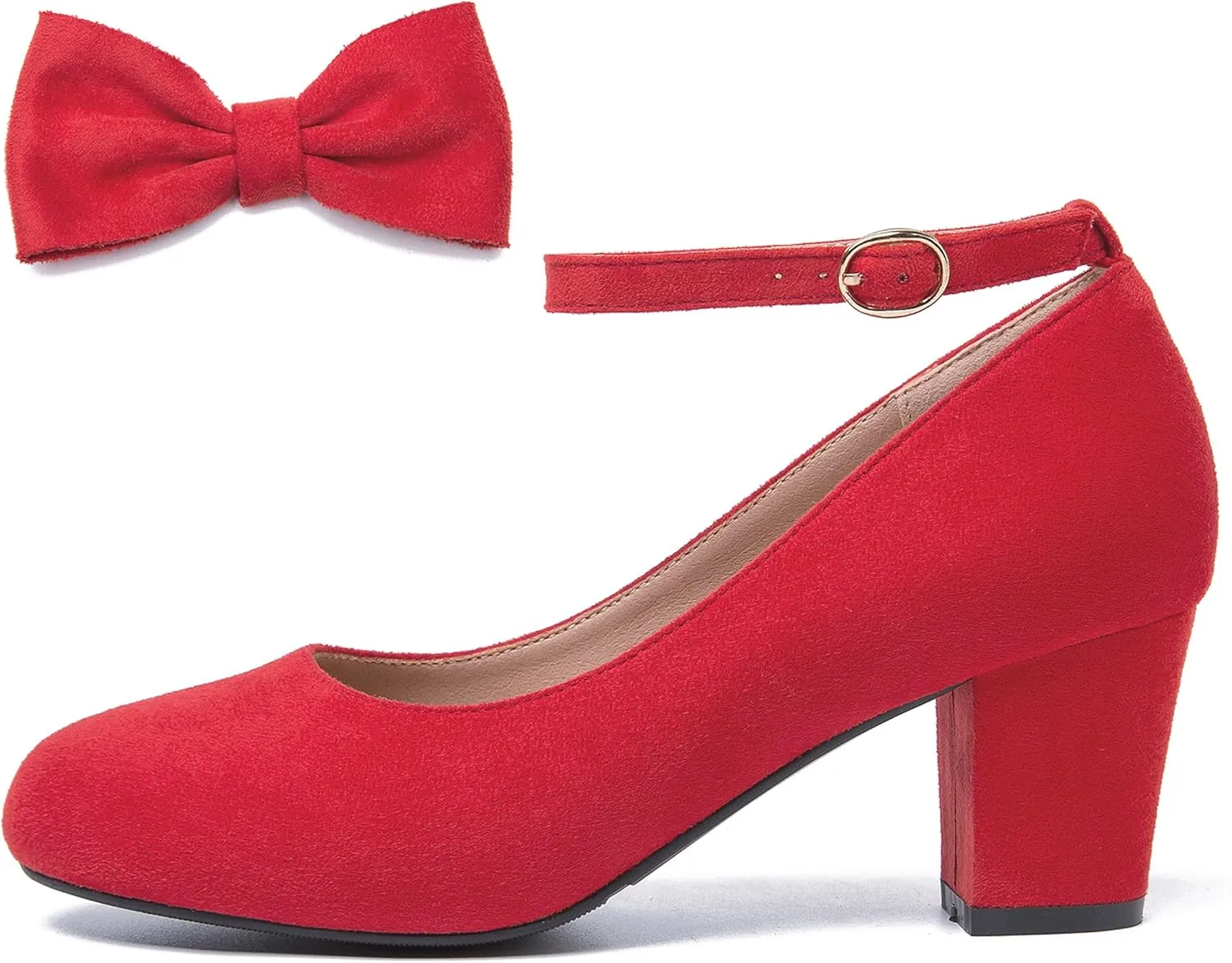 Women's Ankle Strap Heels Removable Bow Closed Toe Low Chunky Heels Pumps Mary Jane Dress Shoes