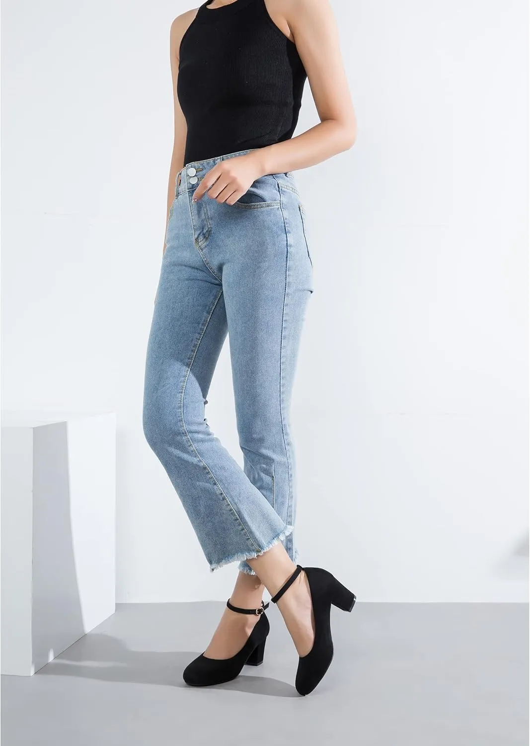 Women's Ankle Strap Heels Removable Bow Closed Toe Low Chunky Heels Pumps Mary Jane Dress Shoes