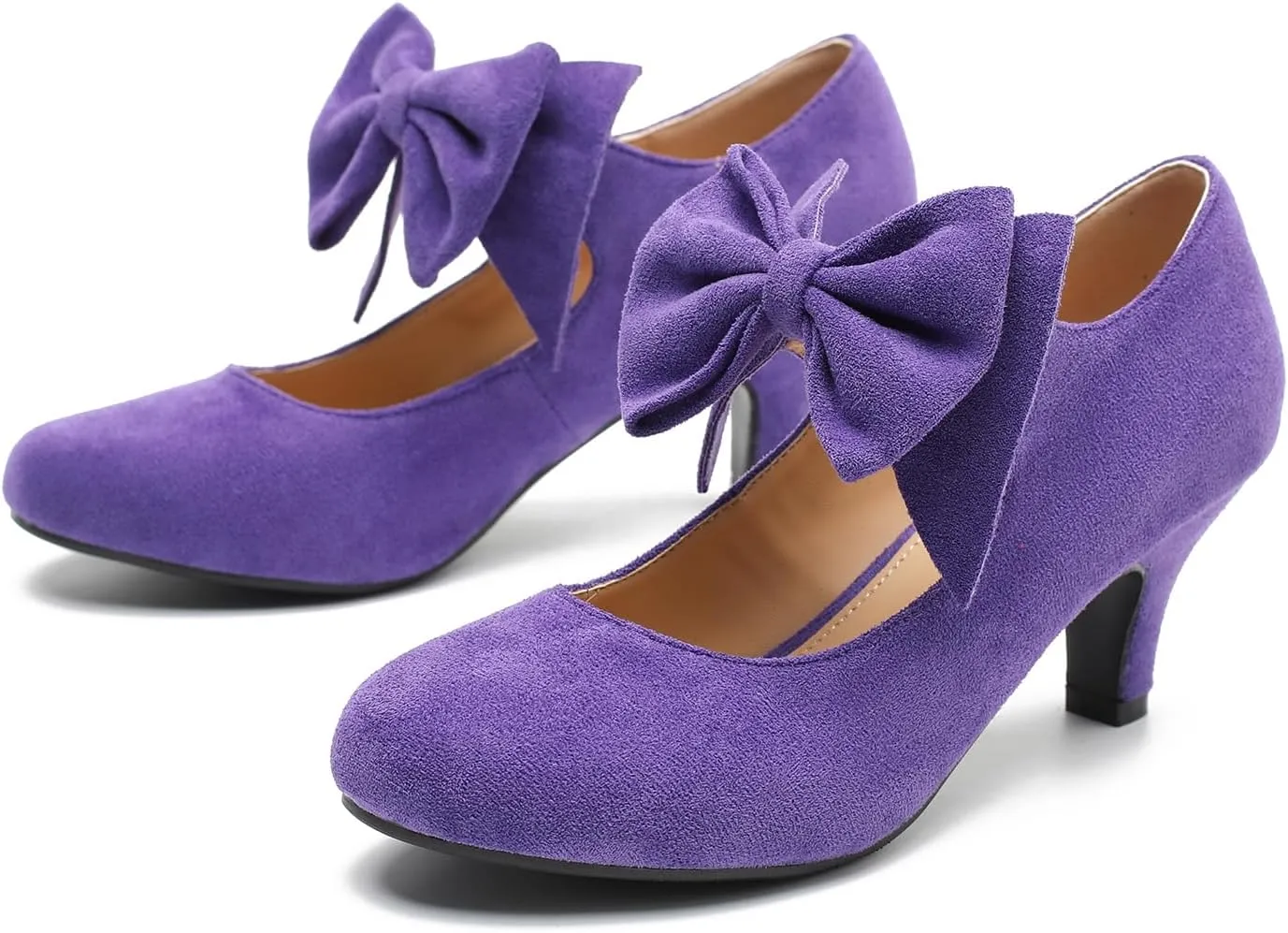 Women's Bow Low Kitten Heels Mary Jane Pumps Round Toe Ankle Strap Comfortable Party Dressy Shoes