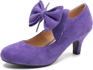 Women's Bow Low Kitten Heels Mary Jane Pumps Round Toe Ankle Strap Comfortable Party Dressy Shoes