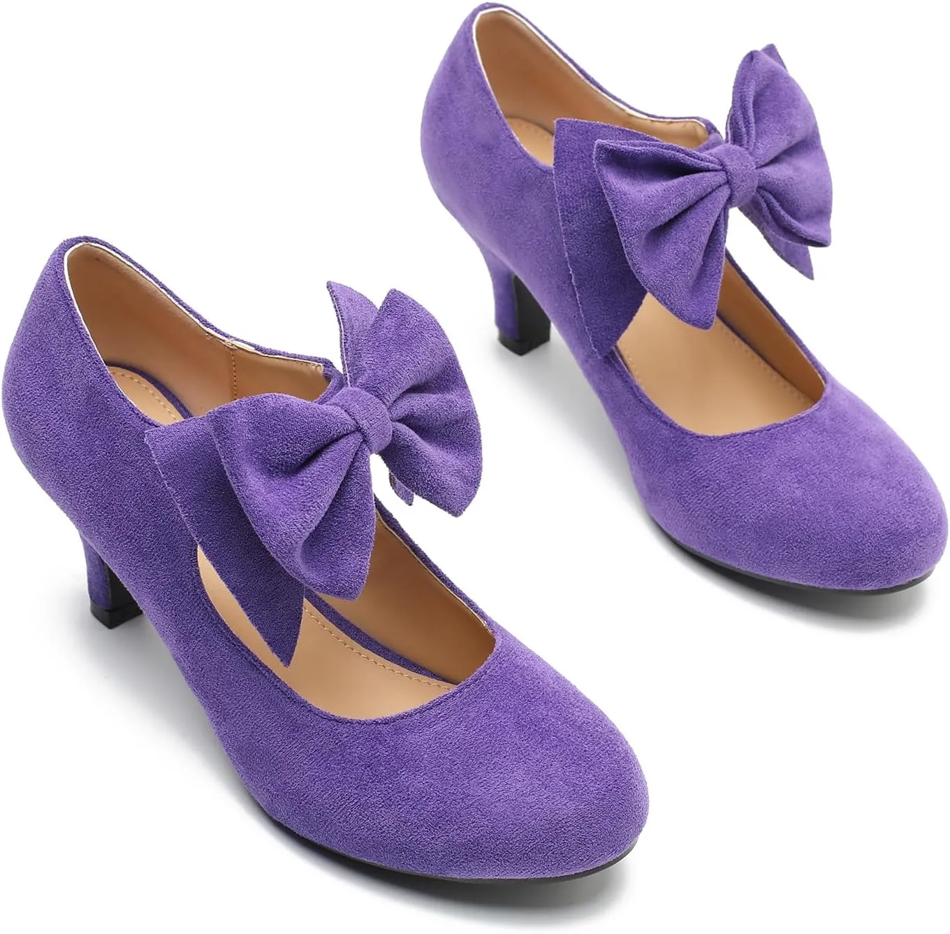 Women's Bow Low Kitten Heels Mary Jane Pumps Round Toe Ankle Strap Comfortable Party Dressy Shoes