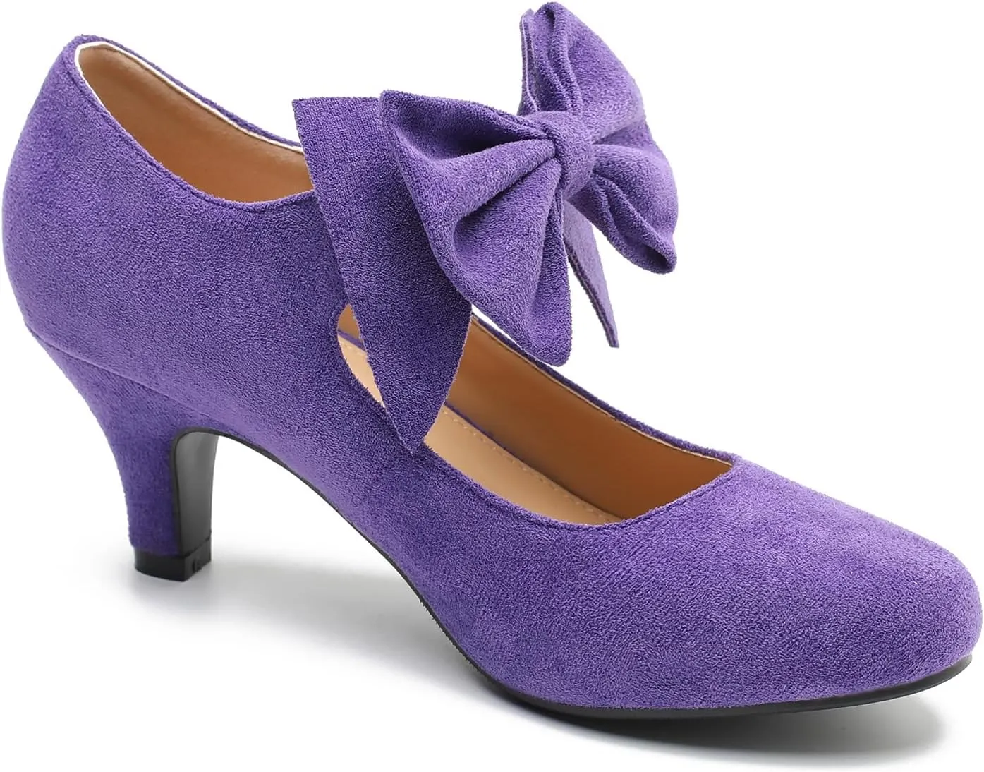 Women's Bow Low Kitten Heels Mary Jane Pumps Round Toe Ankle Strap Comfortable Party Dressy Shoes