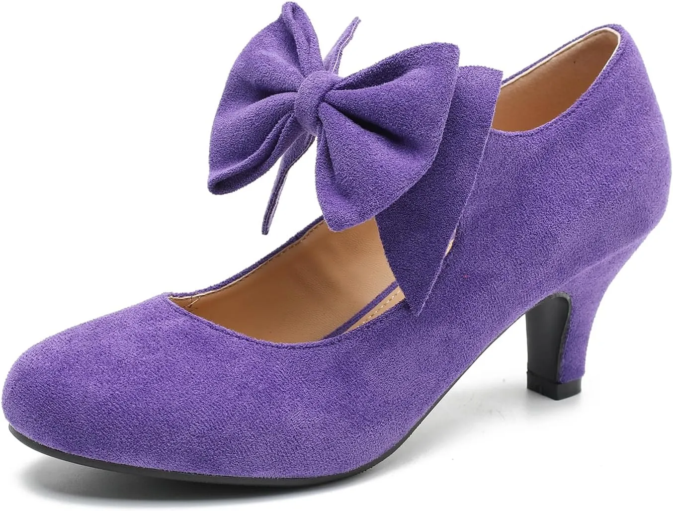 Women's Bow Low Kitten Heels Mary Jane Pumps Round Toe Ankle Strap Comfortable Party Dressy Shoes