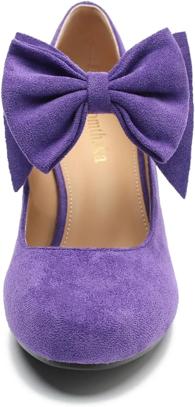 Women's Bow Low Kitten Heels Mary Jane Pumps Round Toe Ankle Strap Comfortable Party Dressy Shoes