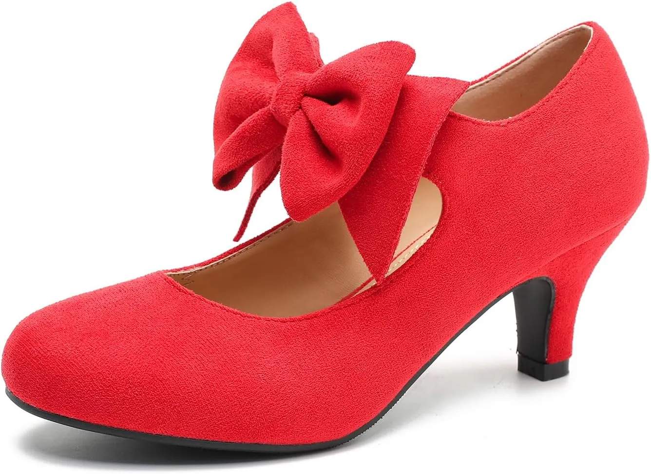 Women's Bow Mary Jane Kitten Heels Pumps Round Toe Low Heels Ankle Strap Dress Evening Party Shoes