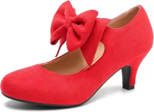 Women's Bow Mary Jane Kitten Heels Pumps Round Toe Low Heels Ankle Strap Dress Evening Party Shoes