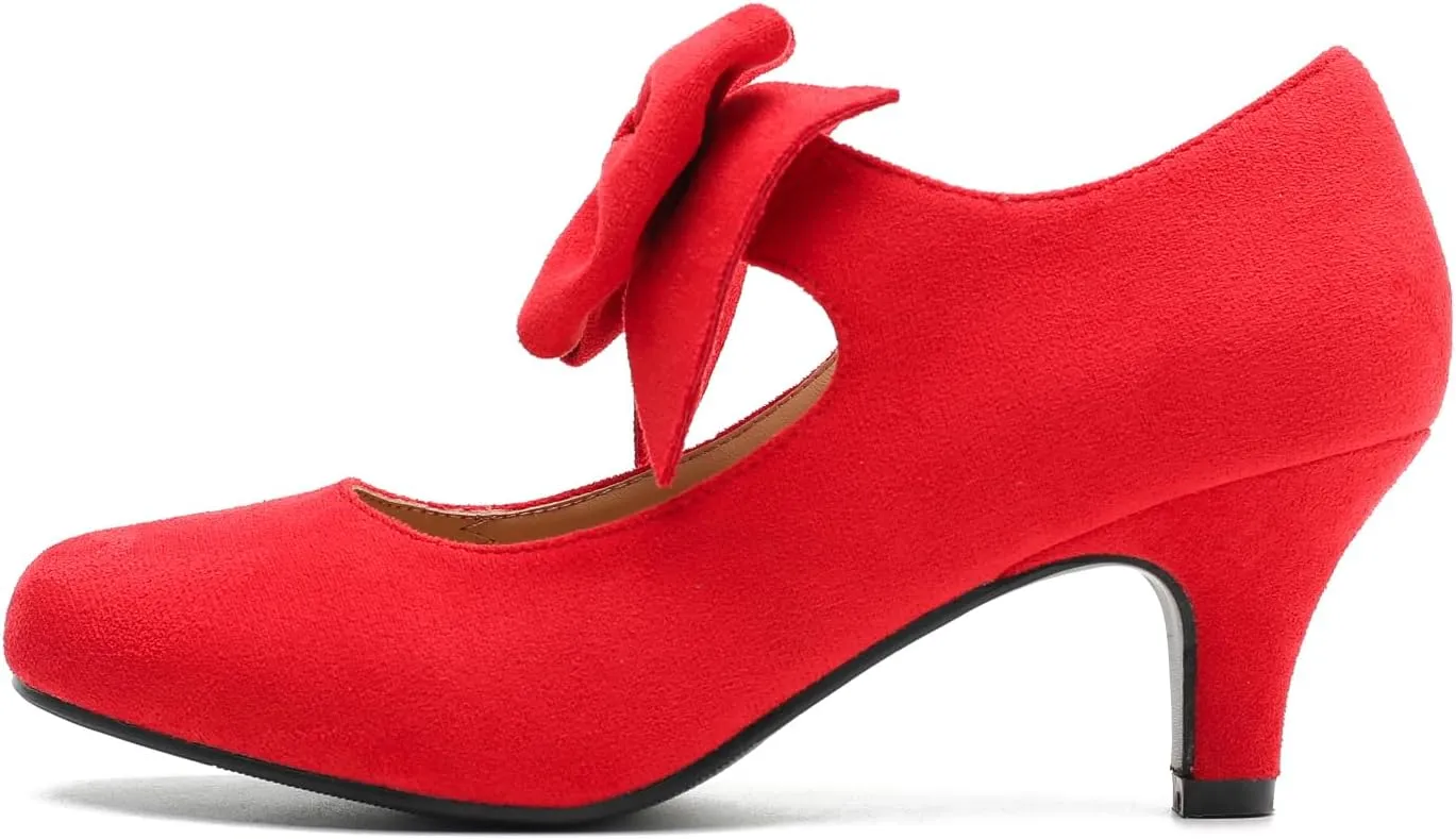 Women's Bow Mary Jane Kitten Heels Pumps Round Toe Low Heels Ankle Strap Dress Evening Party Shoes
