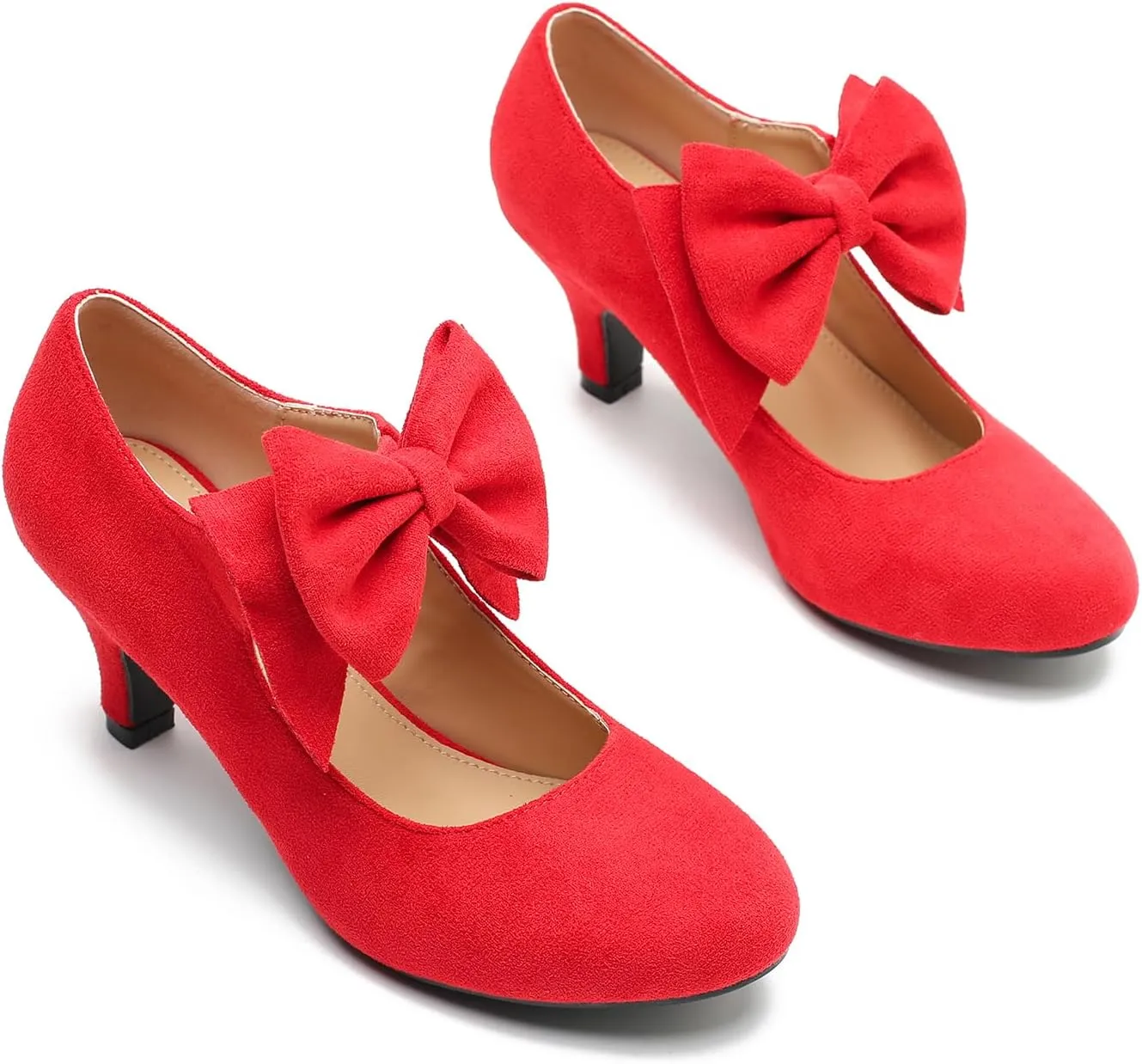 Women's Bow Mary Jane Kitten Heels Pumps Round Toe Low Heels Ankle Strap Dress Evening Party Shoes