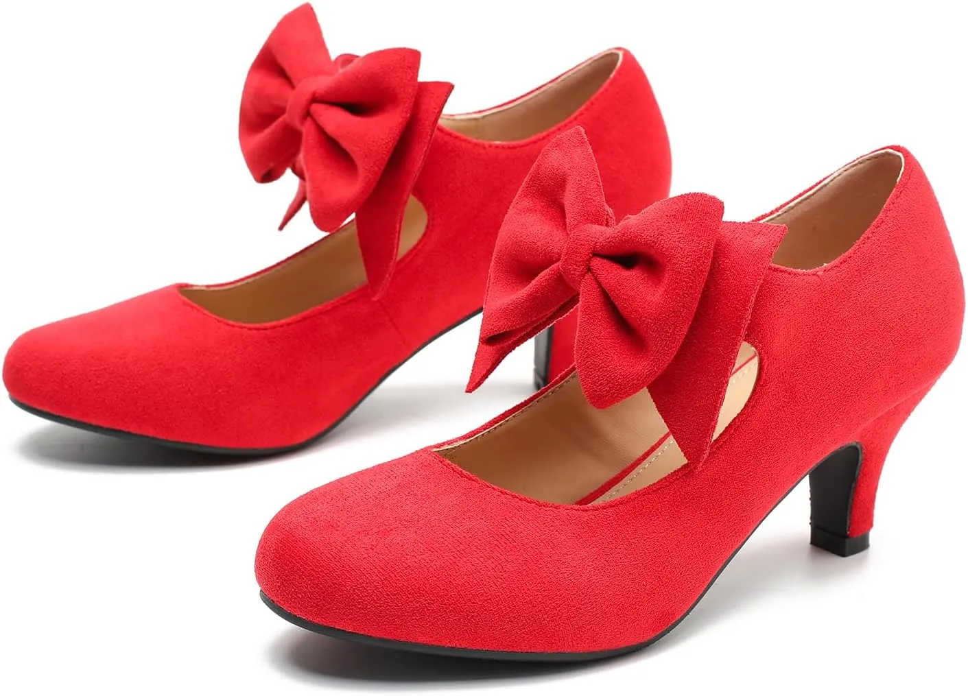 Women's Bow Mary Jane Kitten Heels Pumps Round Toe Low Heels Ankle Strap Dress Evening Party Shoes