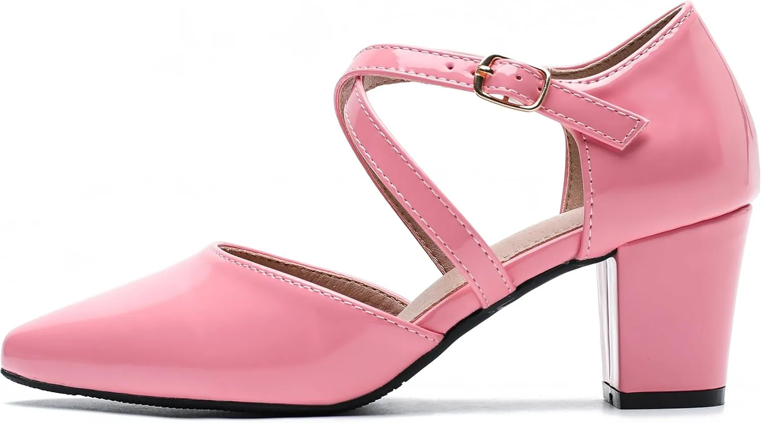 Women's Chunky Heel Pumps Cross Strap Closed Pointed Toe Dress Shoes