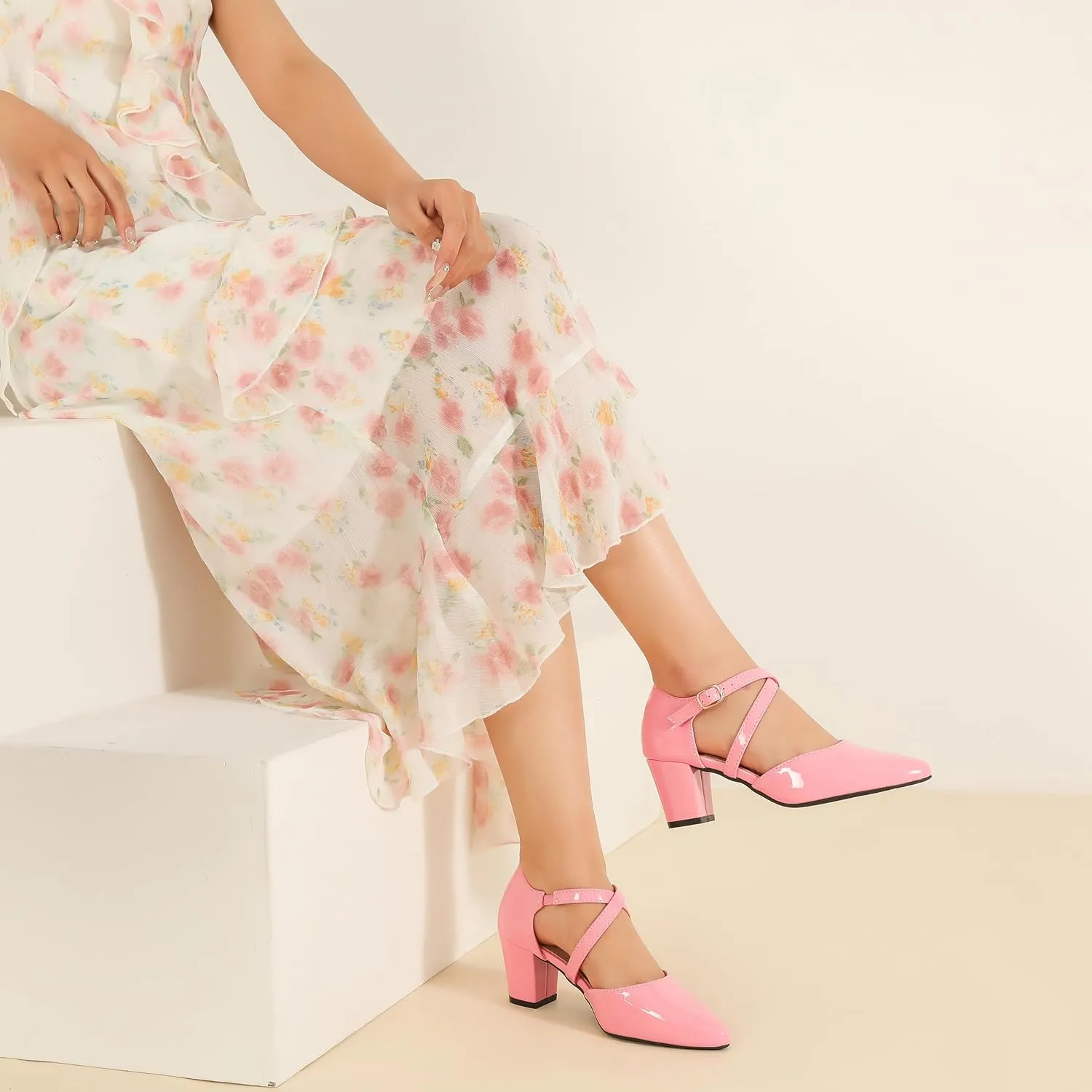 Women's Chunky Heel Pumps Cross Strap Closed Pointed Toe Dress Shoes